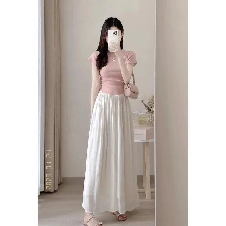 夏季小个子盐系穿搭粉色短袖上衣半身裙气质轻熟小香风两件套装女