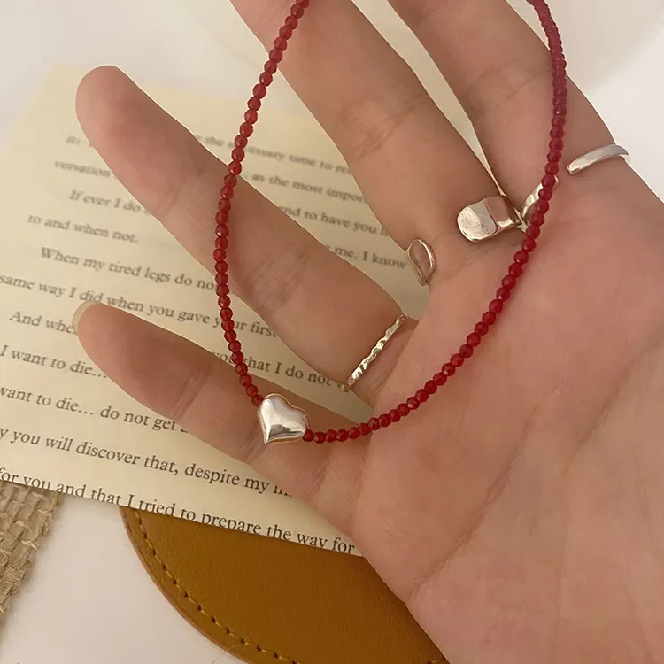 925银银制品 012 红晶晶简约爱心颈链百搭时尚气质小众红色甜美女