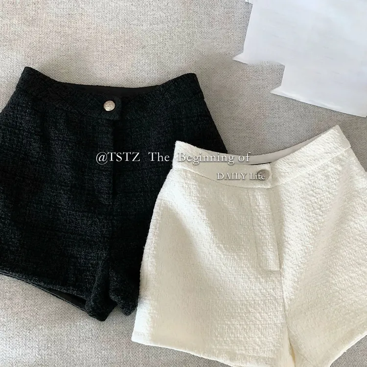 白色小香风高腰显瘦A字粗毛呢洋气短裤女春季外穿百搭休闲短裤子