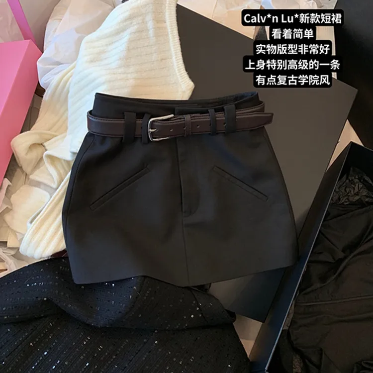 配皮带辣妹黑色半身裙女夏季高腰显瘦防走光短裙a字时尚包臀裙子