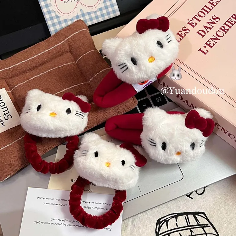 可爱毛绒Kitty甜美安可拉红系蝴蝶结发夹少女刘海卡通BB发饰百搭