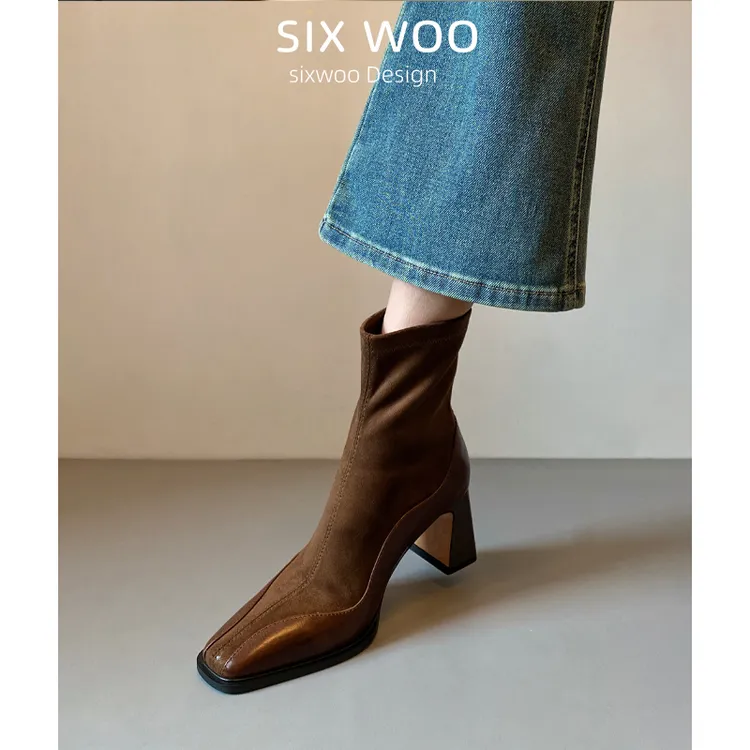 高级感高跟鞋秋冬2025新款绒面粗跟瘦瘦靴黑色百搭方头厚底短靴女