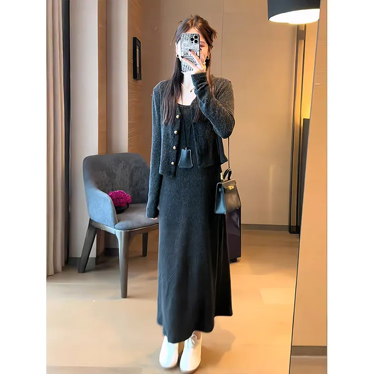 A721#秋季新款慵懒风修身短款开衫气质中长款宽松针织吊带连衣裙