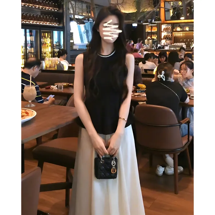 2025夏季新款女法式名媛重工钉珠无袖上衣气质高腰显瘦半身中长裙
