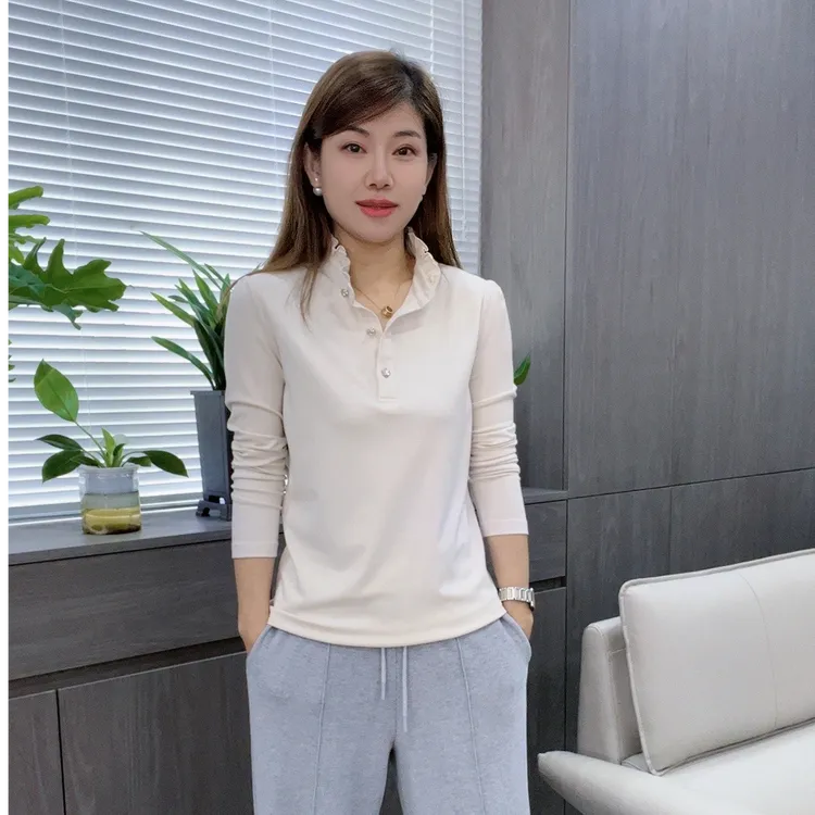 怡特美【肌底棉-木耳花边长袖】秋上新立领系扣洋气长袖打底衫68183