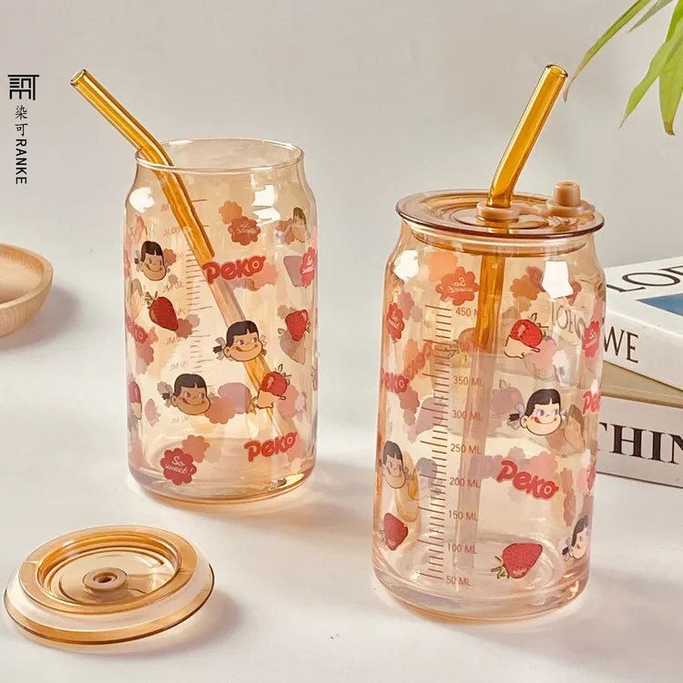 【省钱风杯子】网红卡通贴花可乐吸管杯玻璃杯便携玻璃杯子家用