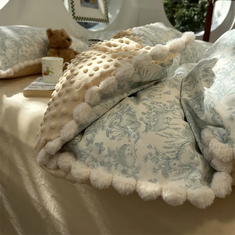 易安阁法式复古蓝色少女心田园小碎花棉加豆豆绒四件套1.5m1.8米