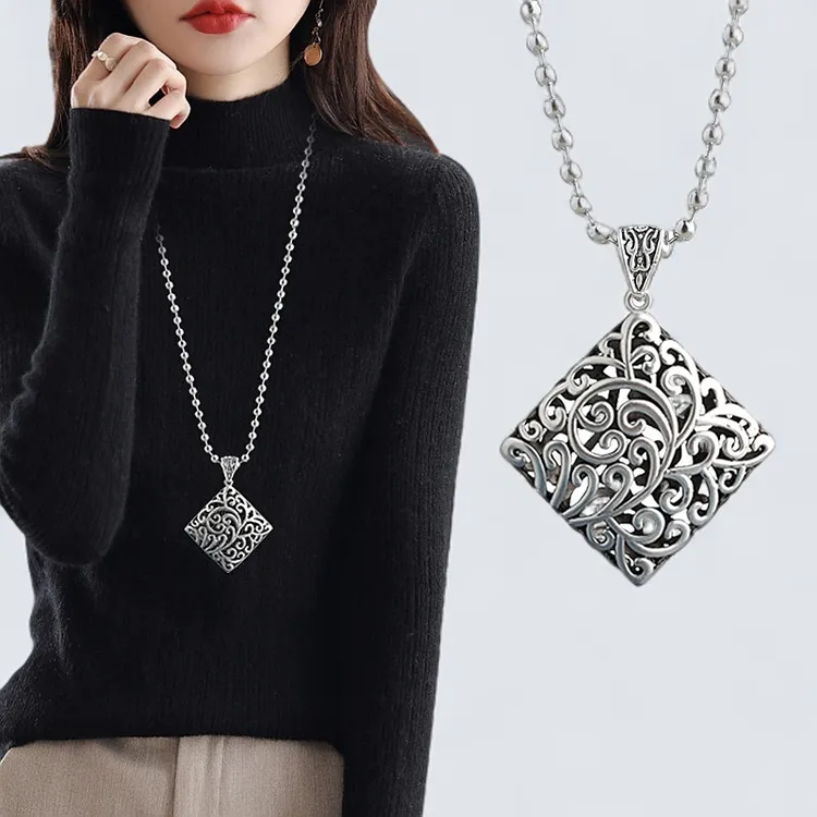 钛钢项链 加长款圆珠链四方来财吊坠复古时来运转平安锁毛衣链子