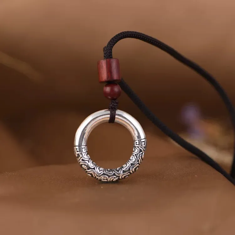 吊坠足银 999银吊坠祥云实心银环圈手工编绳银套链男女一体项链