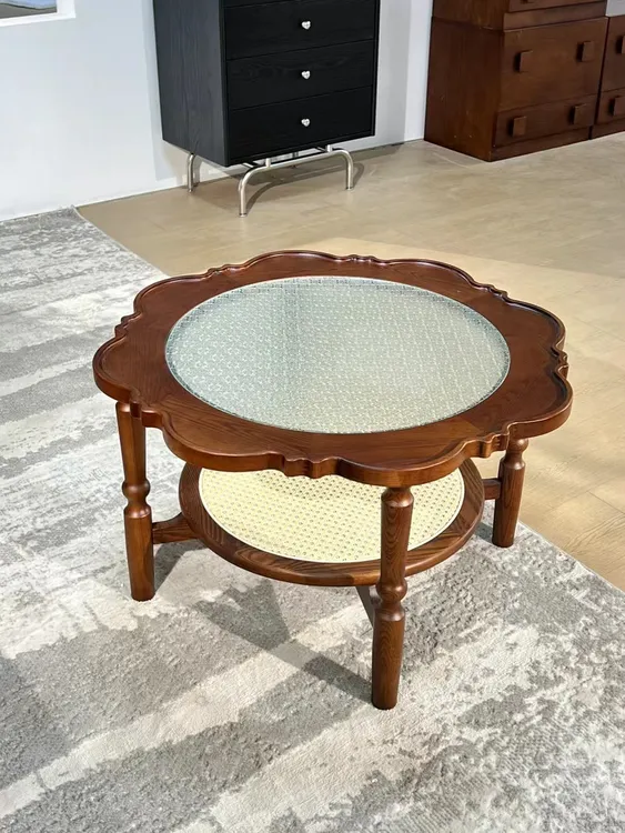 中古风白蜡木实木藤编花朵茶几双层设计创意花瓣形茶几小户型茶桌