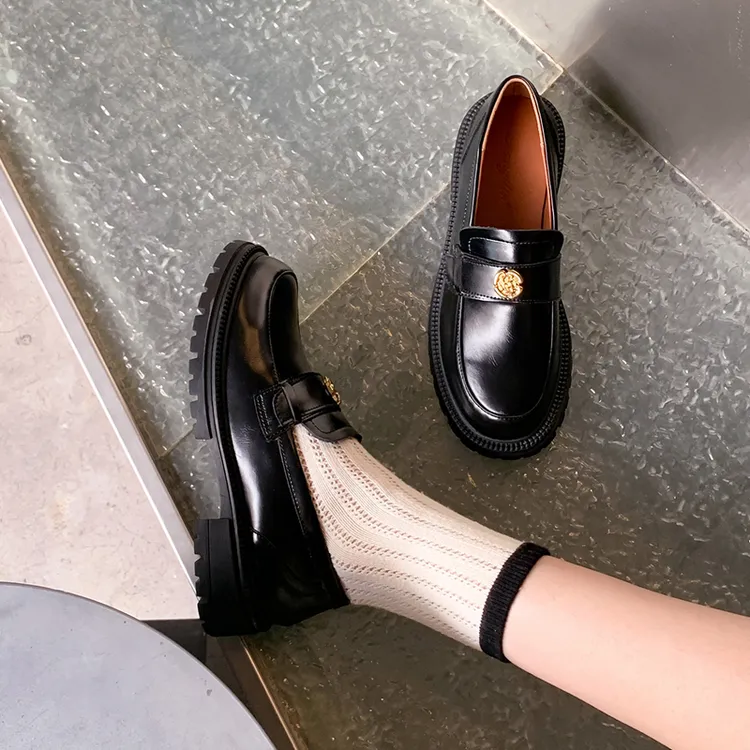 2024新款底乐福鞋女时尚一脚蹬粗跟小皮鞋英伦风单鞋女乐福鞋黑色