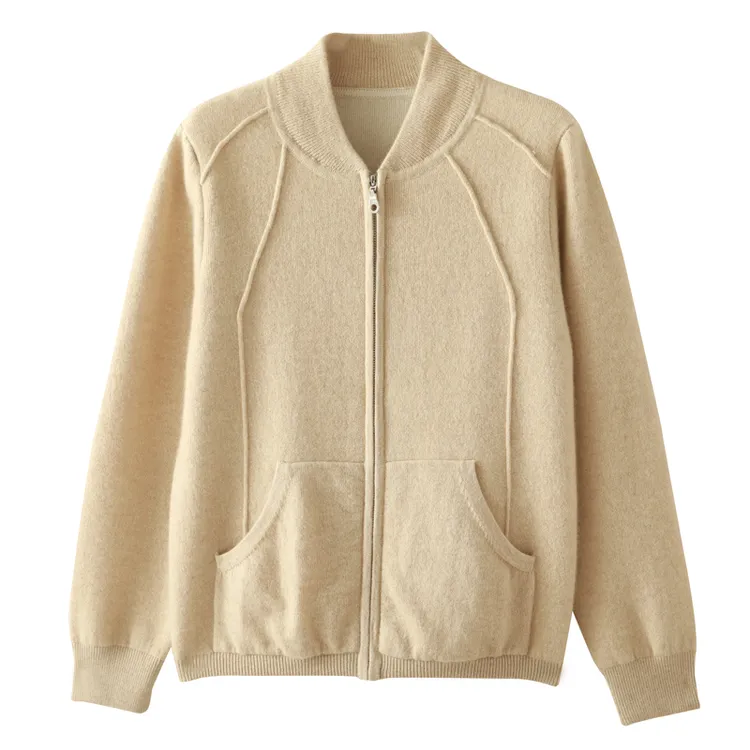 100%纯羊绒女装棒球服款针织外套秋冬加厚空气层带兜拉链羊绒开衫