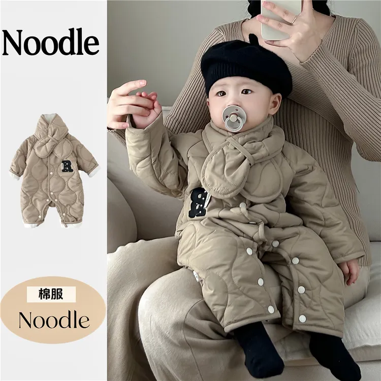 婴儿连体衣冬装绗棉外出棉服韩版宝宝加绒保暖棉衣爬服送围巾