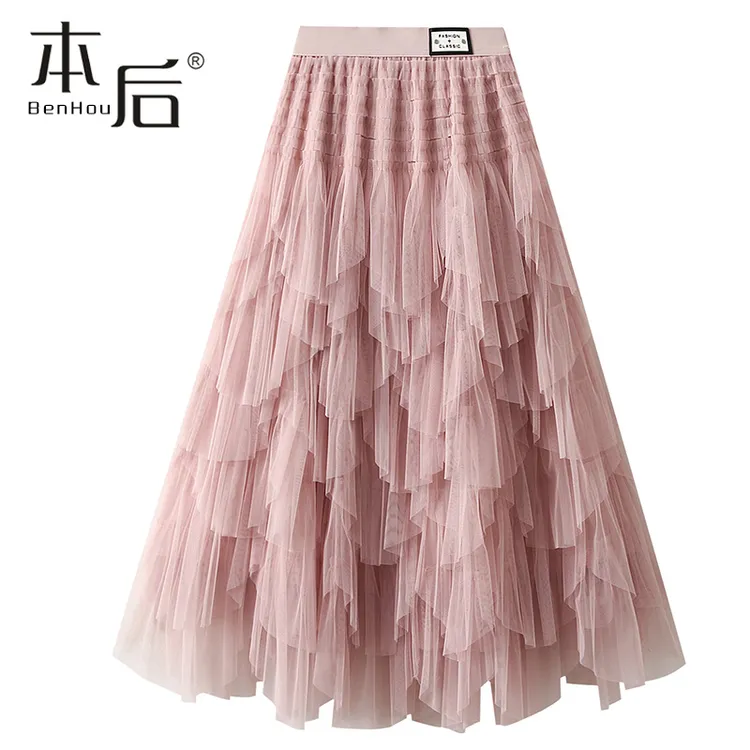 8828 贴标纱裙层层蓬蓬蛋糕裙半身裙春秋女长裙不规则a纱裙半身裙