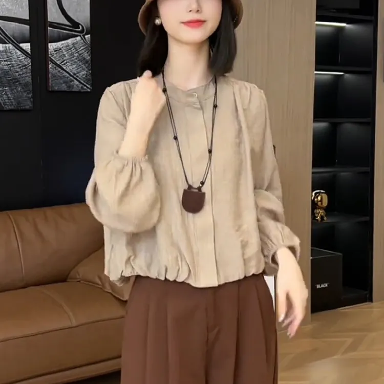 气质时尚减龄皱褶设计显瘦衬衫女春秋爆款遮肉百搭单排扣圆领外套