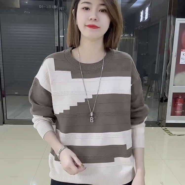 大码潮流圆领撞色新款百搭女装韩版宽松慵懒风时尚洋气长袖针织衫