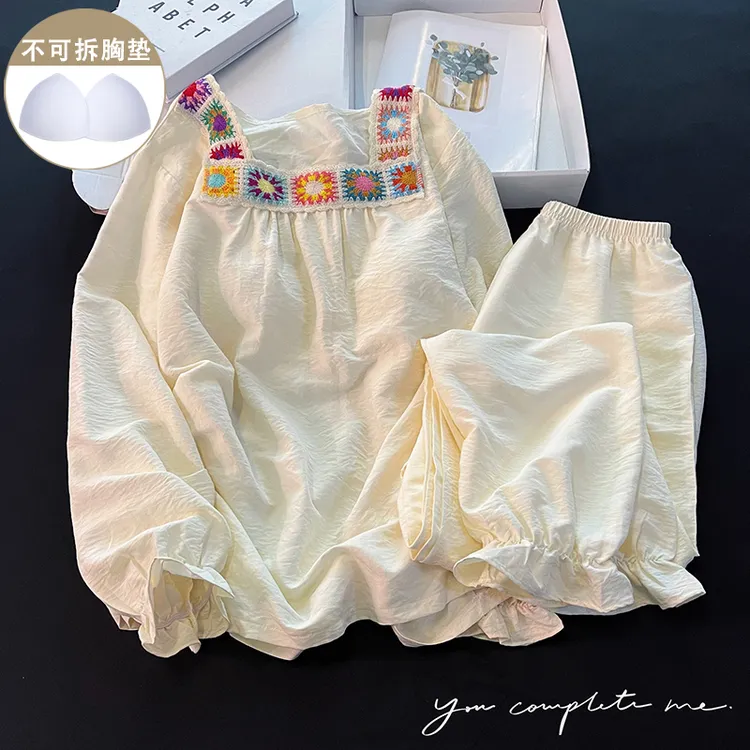 棉质带胸垫睡衣女春秋季杏色方领长袖长裤日系简约新款家居服套装