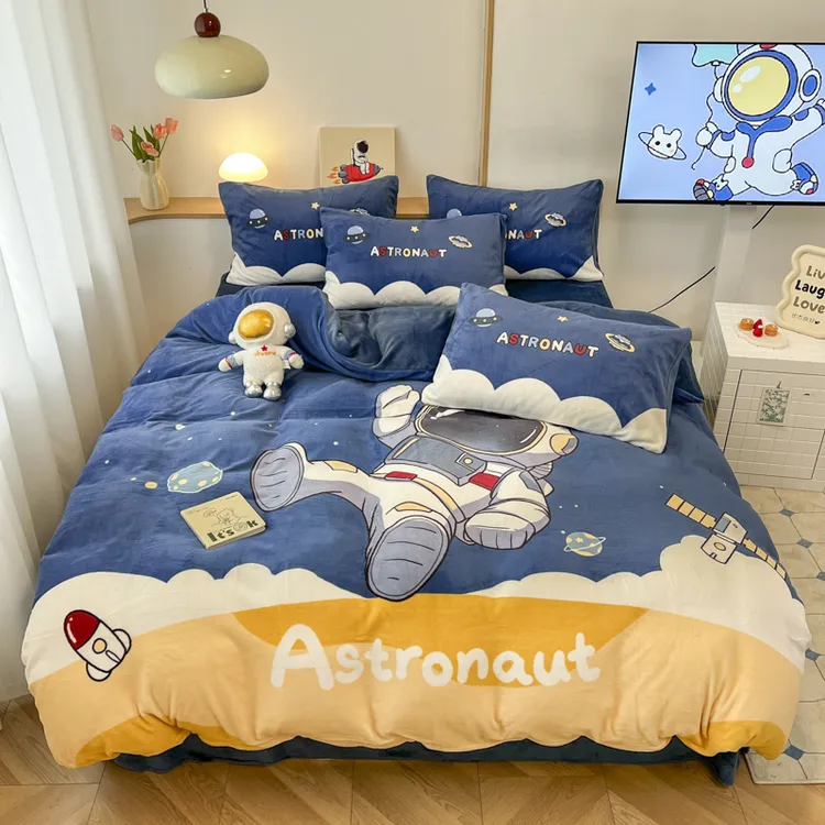 太空人冬天牛奶绒四件套加厚加绒三件套被套男孩儿童宇航员床上用
