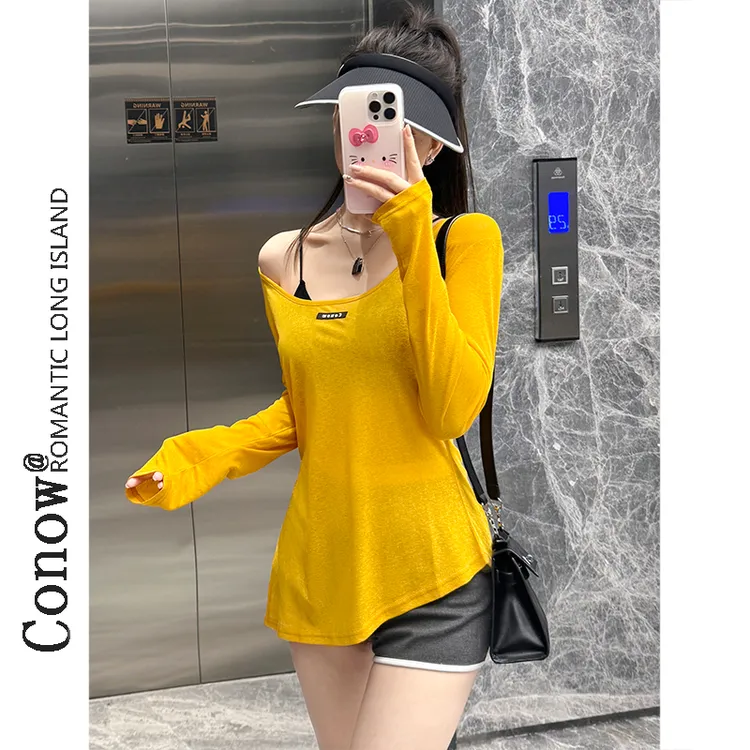 薄款纸片人微透t恤女夏新款宽松慵懒上衣简约风外搭长袖罩衫