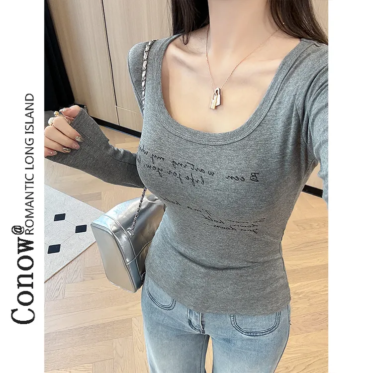 长袖t恤女早秋款辣妹字母印花U领露锁骨纯欲风修身内搭打底衫