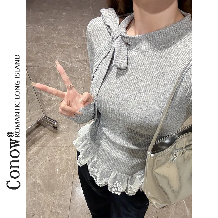 芭蕾风洋气时尚百搭T恤女秋冬小众设计蝴蝶结系带修身打底衫