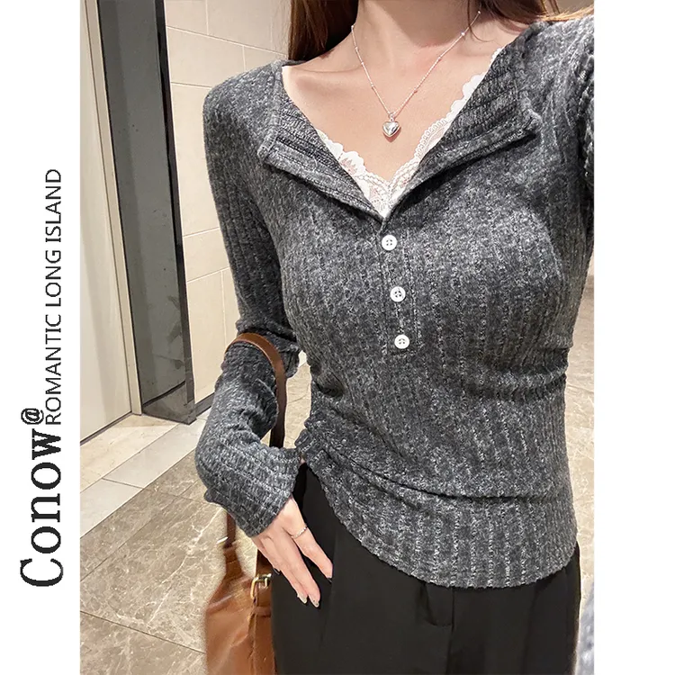秋冬新款气质蕾丝假两件V领针织小衫女纯欲修身长袖打底上衣