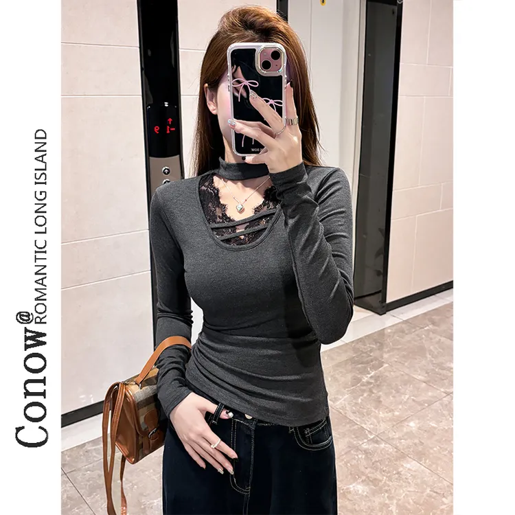 纯欲风显瘦蕾丝拼接v领长袖加绒挂脖T恤女秋冬修身加绒打底衫