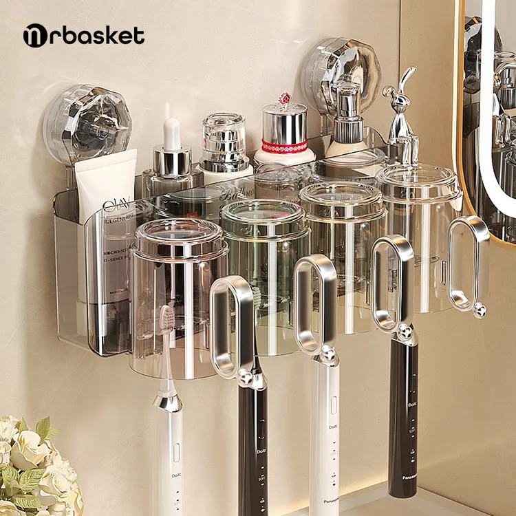 吸盘牙刷置物架免打孔倒挂带把手漱口杯卫生间牙杯牙具一体收纳架