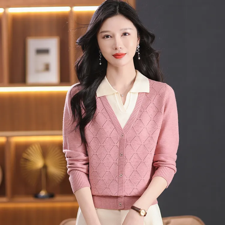 2025秋冬新款假两件加厚针织衫上衣女洋气显瘦百搭翻领宽松打底衫