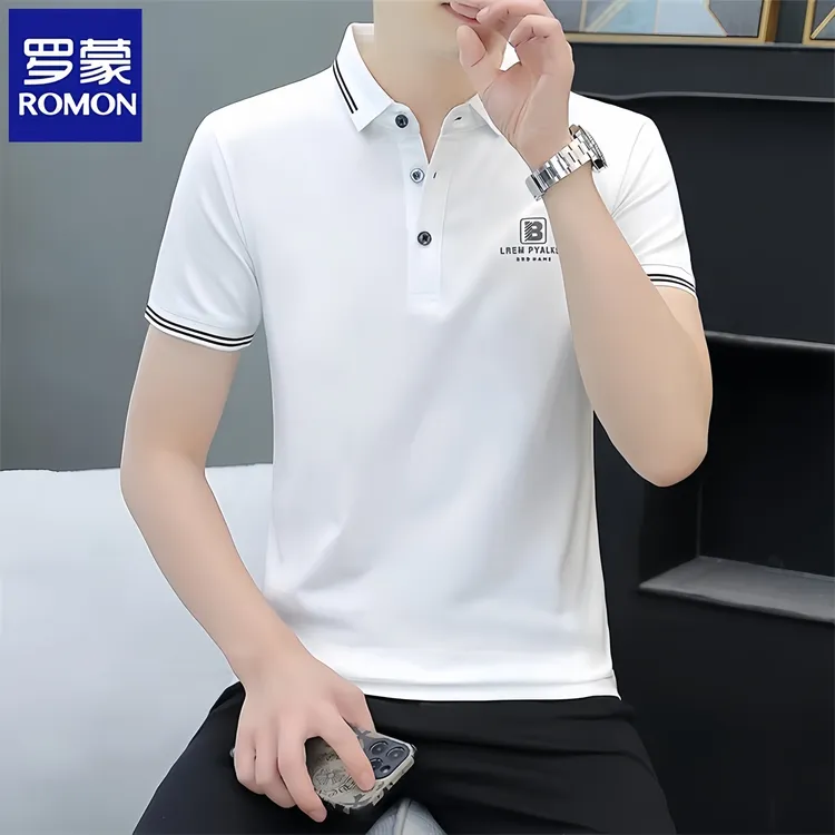 Romon/罗蒙夏季薄款半袖男士纯色透气POLO衫韩版潮流百搭休闲t恤