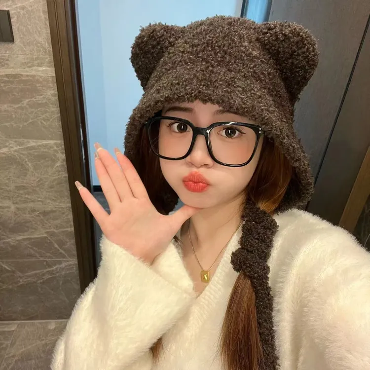 格小梵小熊帽子毛绒可爱百搭保暖系绳毛线网红针织帽大头围显脸小