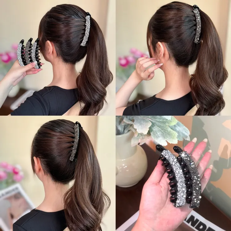 2024新款满钻时尚马尾夹夏天束发盘发带爪钢琴黑发夹上班族发饰品