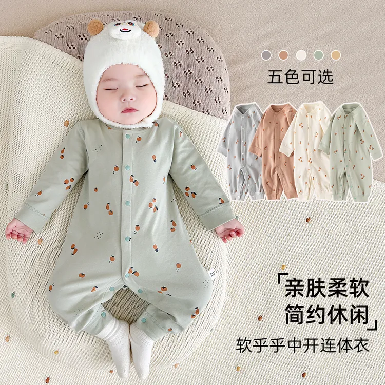春秋婴儿连体衣无骨纯棉长袖哈衣宝宝居家睡衣秋冬纯色爬服打底衣