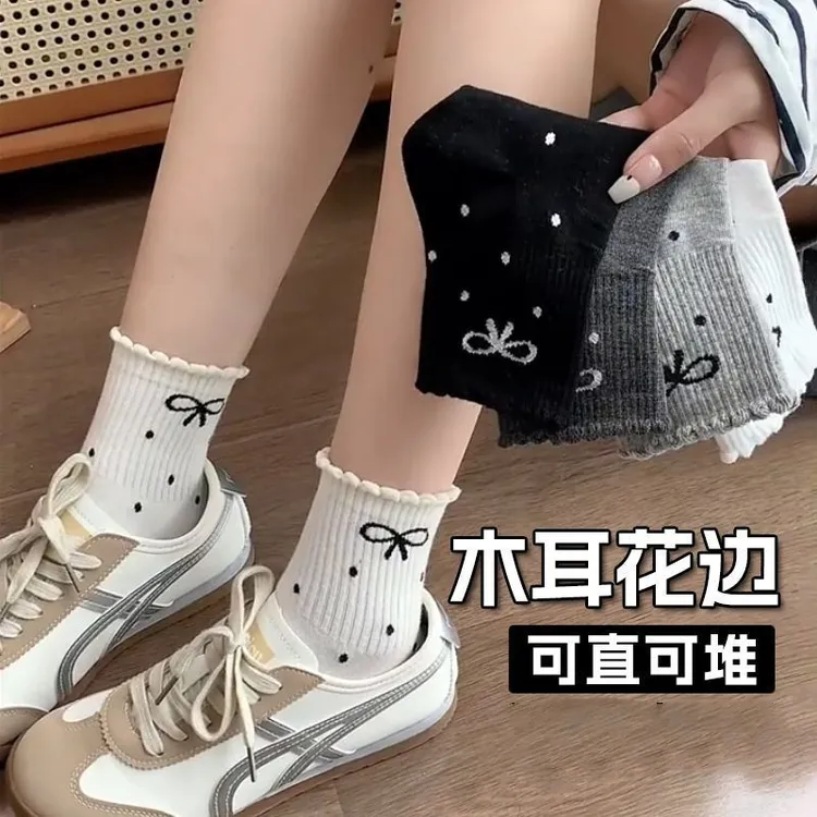 波点花边蝴蝶结秋冬新款堆堆袜学生ins潮长筒袜日系网红中筒女袜