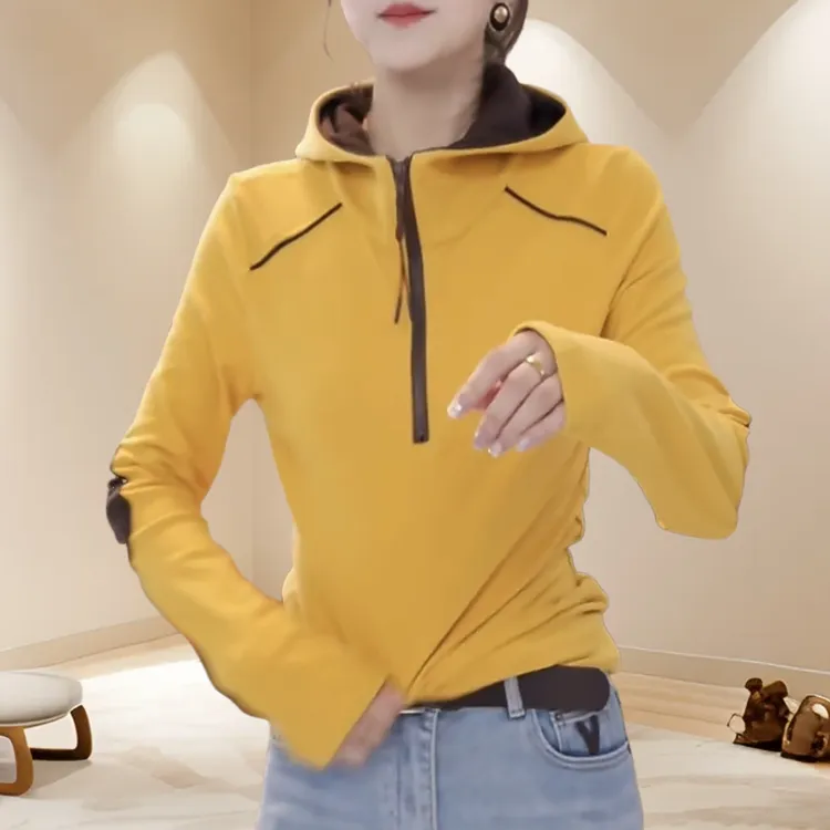 德绒连帽保暖半拉链打底衫女洋气显瘦长袖2025秋冬拼色气质上衣潮