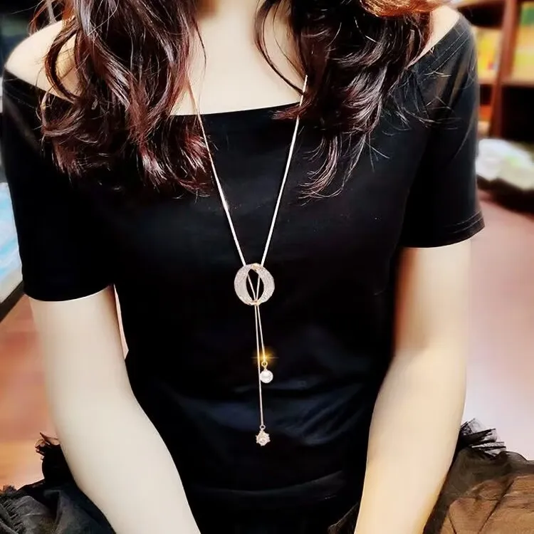 铜项链 闪锆 仿珍珠高档毛衣链女潮长款项链百搭简约流苏秋冬配饰