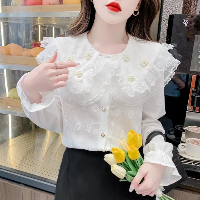 2025春夏钉珠娃娃领蕾丝衬衫女秋冬新款设计感小众洋气温柔风上衣
