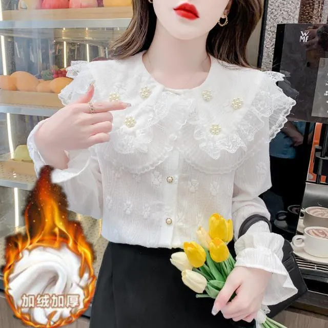 2025秋冬钉珠娃娃领蕾丝衬衫女秋冬新款设计感小众洋气温柔风上衣