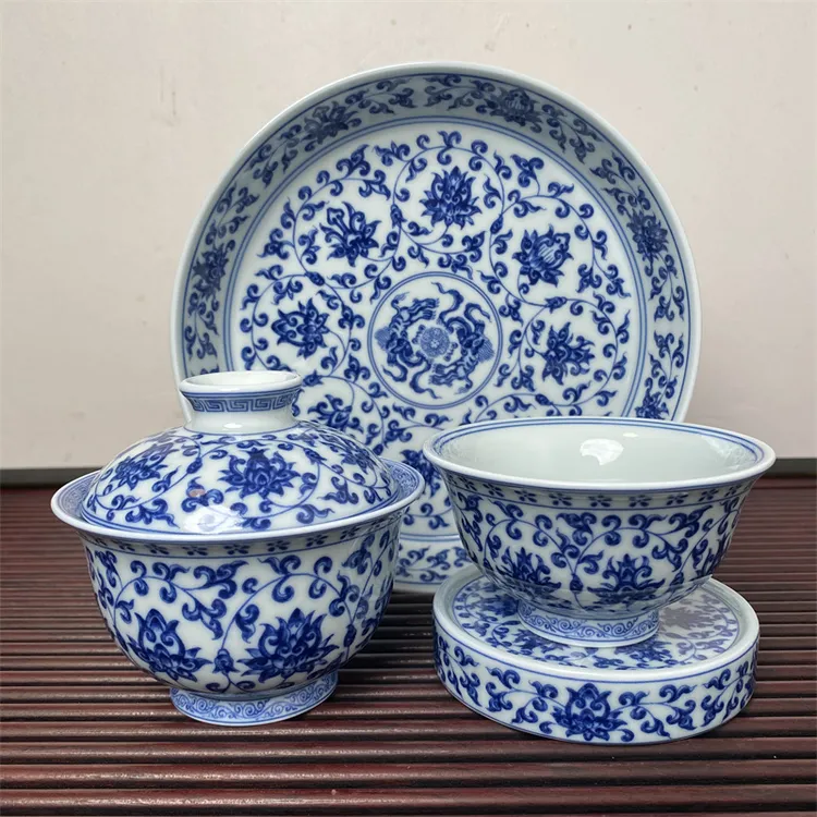 青花点工缠枝莲元宝盖碗四件套高温釉下家用功夫茶具主人杯茶杯