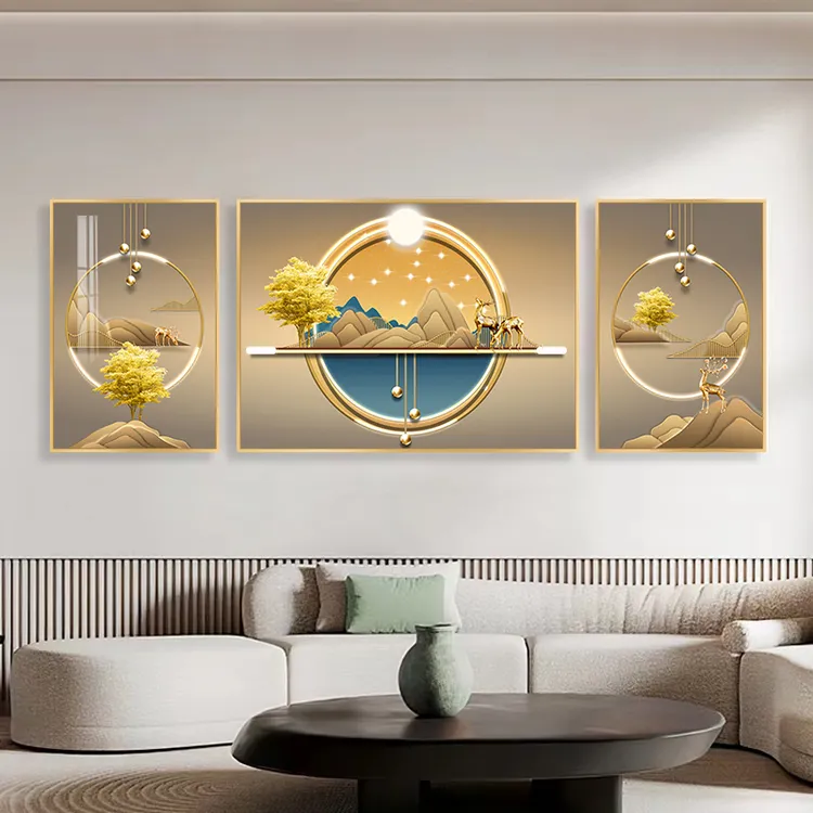 【金山福禄】现代简约客厅装饰画三联画E沙发背景画晶瓷镶钻工艺