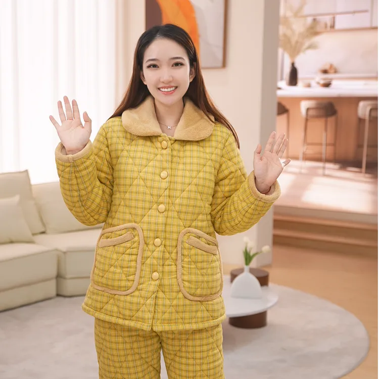 秋鹿针织夹棉翻领女套年轻保暖秋冬家居服高质量百搭