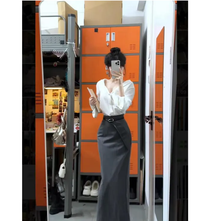 【雕雕女孩】纯欲辣妹宽松白色v领长袖衬衫高级感半身裙通勤套装