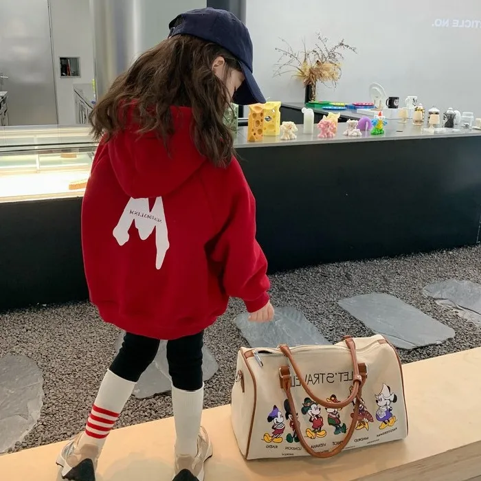 红色女童卫衣加绒加厚童装秋冬新款中长款儿童连帽外套中大童上衣