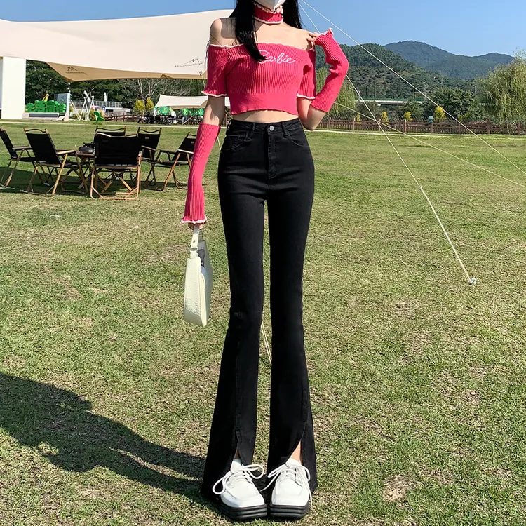 黑色微喇裤开叉牛仔裤女春季2025新款高腰显瘦小个子马蹄喇叭裤子