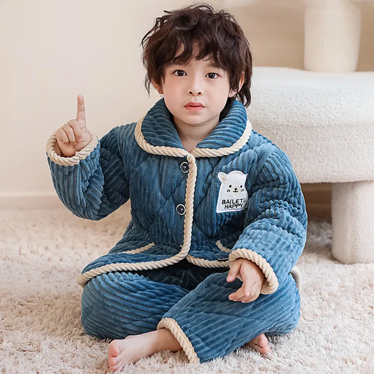 秋冬季保暖法兰绒睡衣女男童加厚款珊瑚绒男女孩子宝宝夹棉家居服