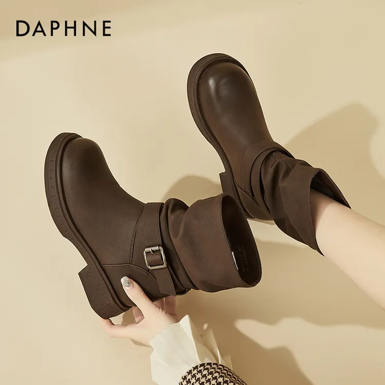 达芙妮黑色短靴女秋冬季2025新款加绒女士褶皱堆堆靴英伦风瘦瘦靴