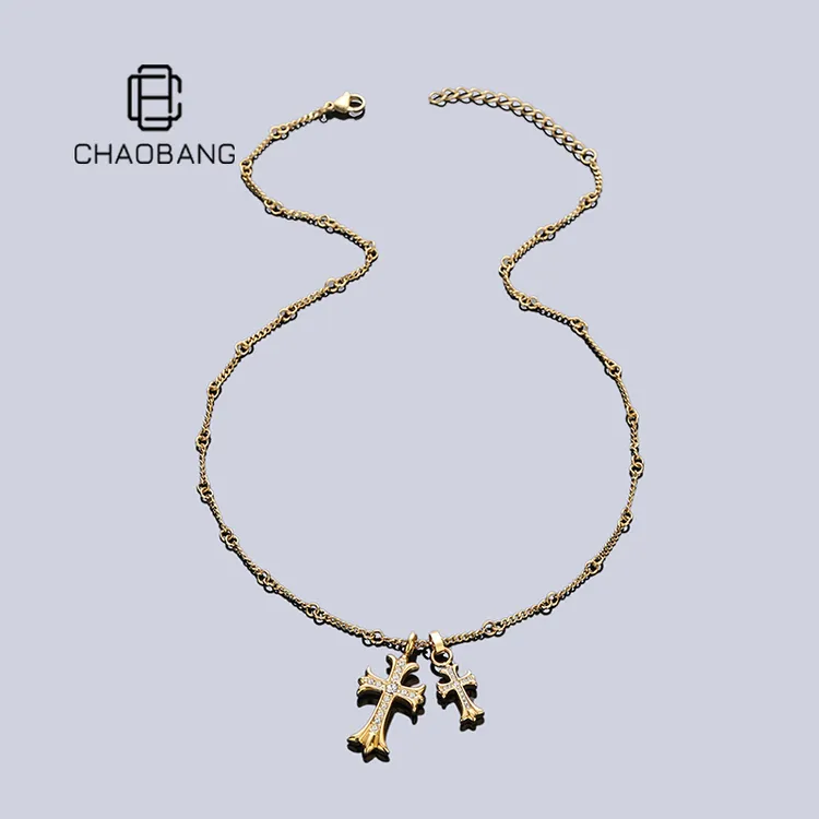 chaobang/潮邦 钛钢项链 双十字架项链小众轻奢个性高级感锁骨链