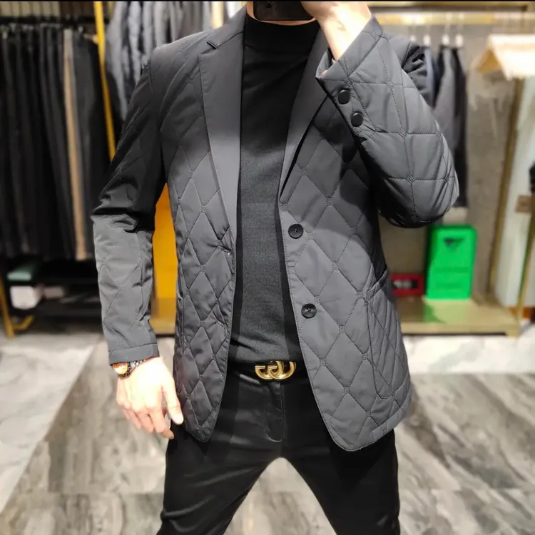 秋冬季修身加棉西服商务休闲纯色百搭棉衣韩版西装男外套保暖高档