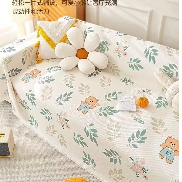 华夫格沙发盖布巾四季通用卡通印花皮沙发套罩新款2024家居通用型