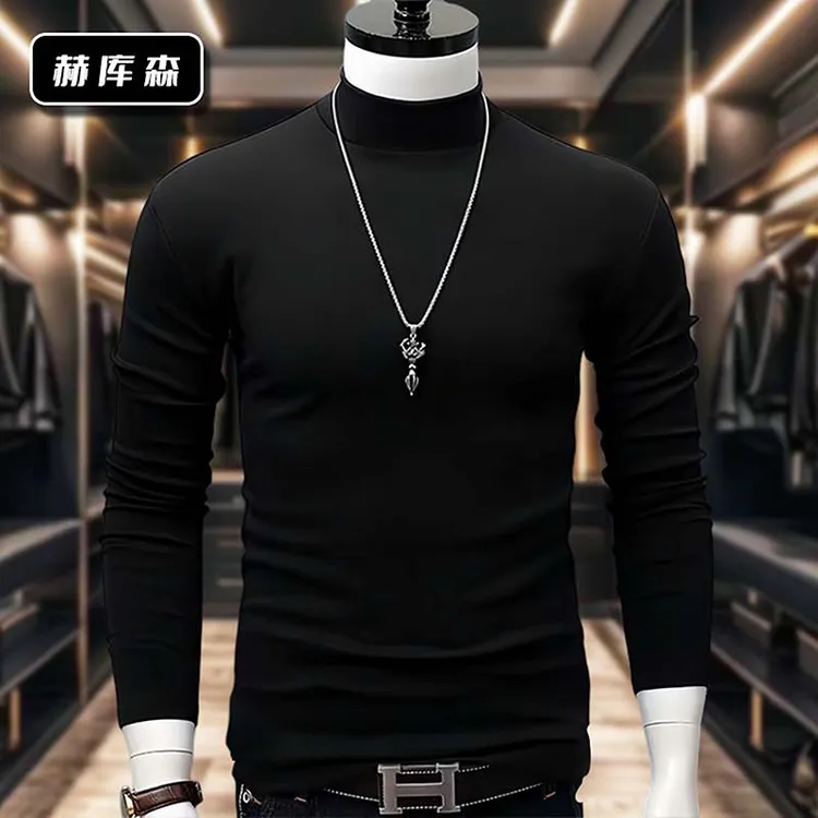 赫库森双面德绒修身款男士打底衫秋冬潮流长袖内搭保暖半高领T恤商品图